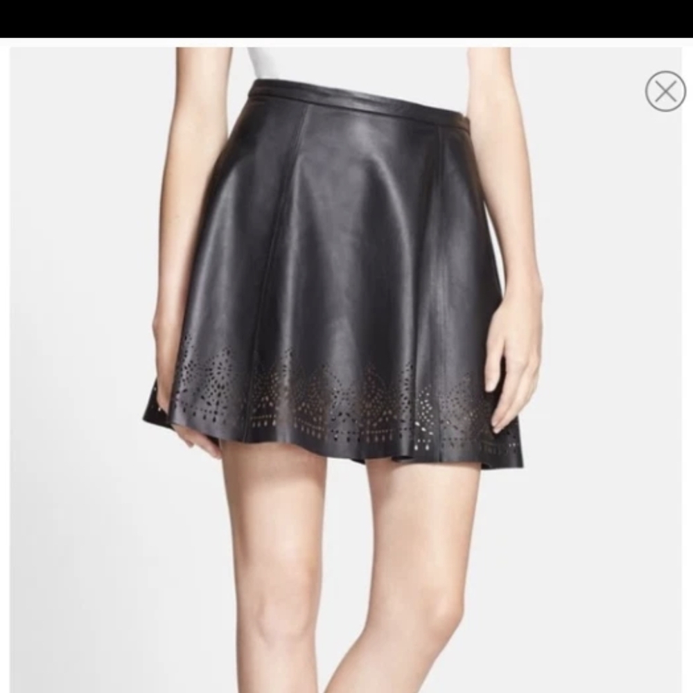 Joie Senica Leather Laser Perforated Cut Mini Flared Skirt